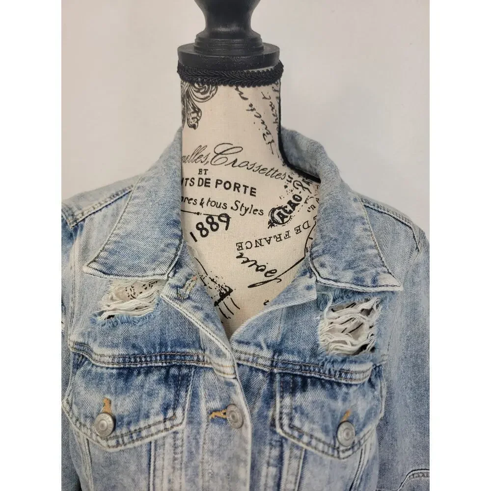 FREE PEOPLE Denim Tracker Jacket Sz Medium Distressed Destroy Gorpcore Boho - Picture 3 of 10